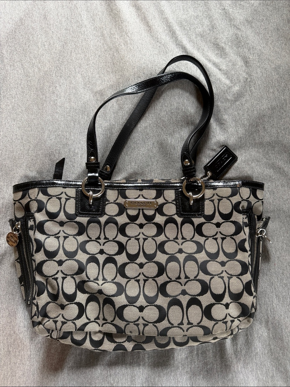 Coach Khaki and Black Signature Tote Shoulder Bag